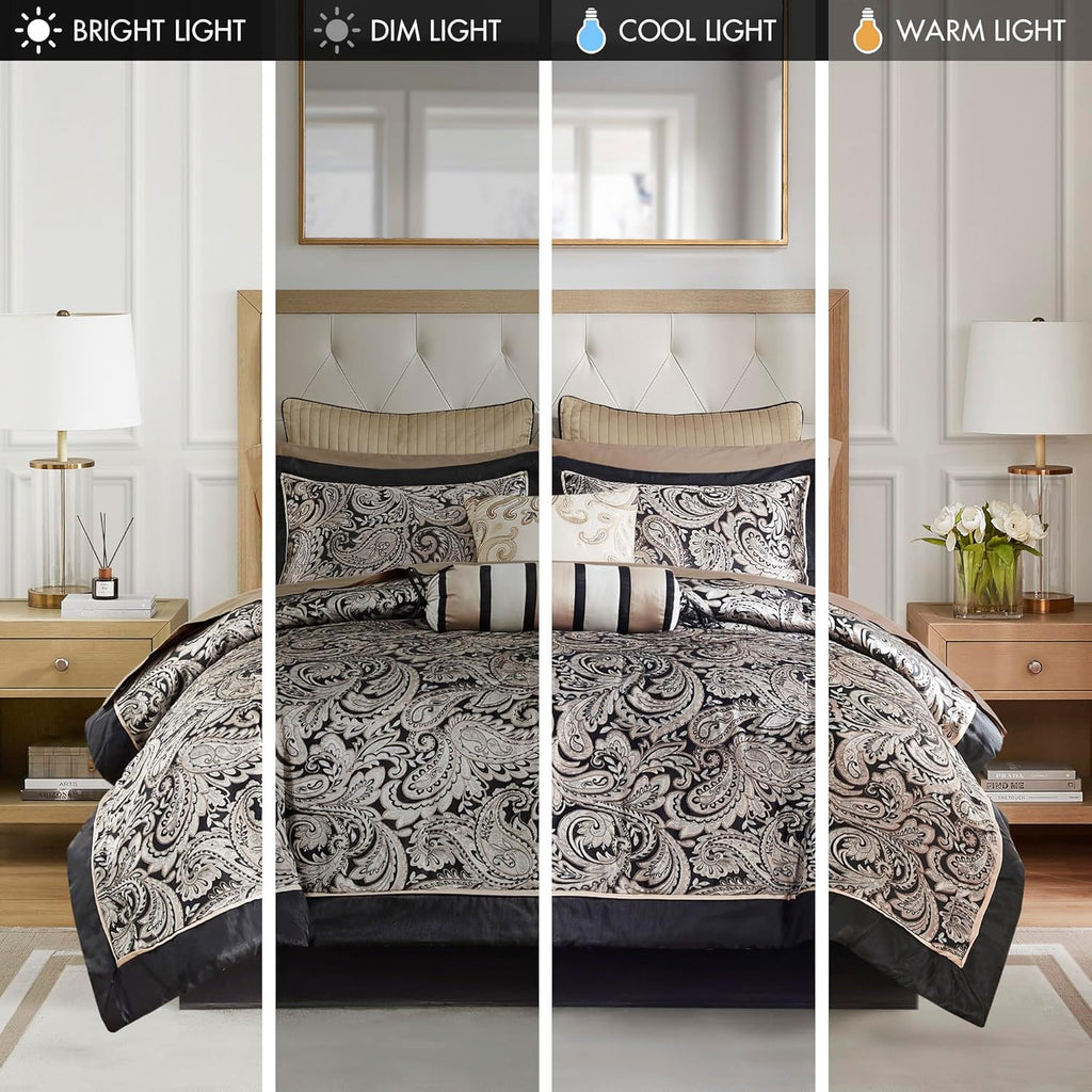 Madison Park Aubrey Cozy Comforter Set, Faux Silk Jacquard Paisley Design - All Season Down Alternative Bedding with Cotton Bed Sheets, Bed Skirt & Toss Pillows, Queen Black 12 Piece