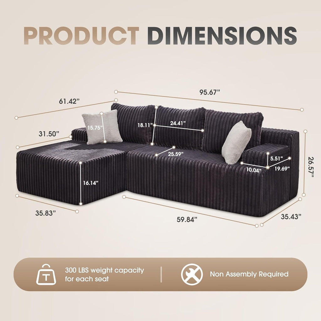 Hobestluk Modular Sectional Sofa Couches L-Shape Couch 3 Seat Modular Sofa Memory Foam Sectional Couches for Living Room, Cloud Couch with Oversized Chaise (96" Left Facing Chaise)