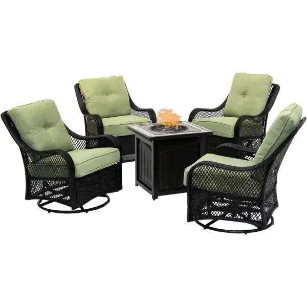 5-Piece Steel Patio Fire Pit Conversation Set with Navy Blue Cushions, Swivel Gliders and Square Fire Pit Table