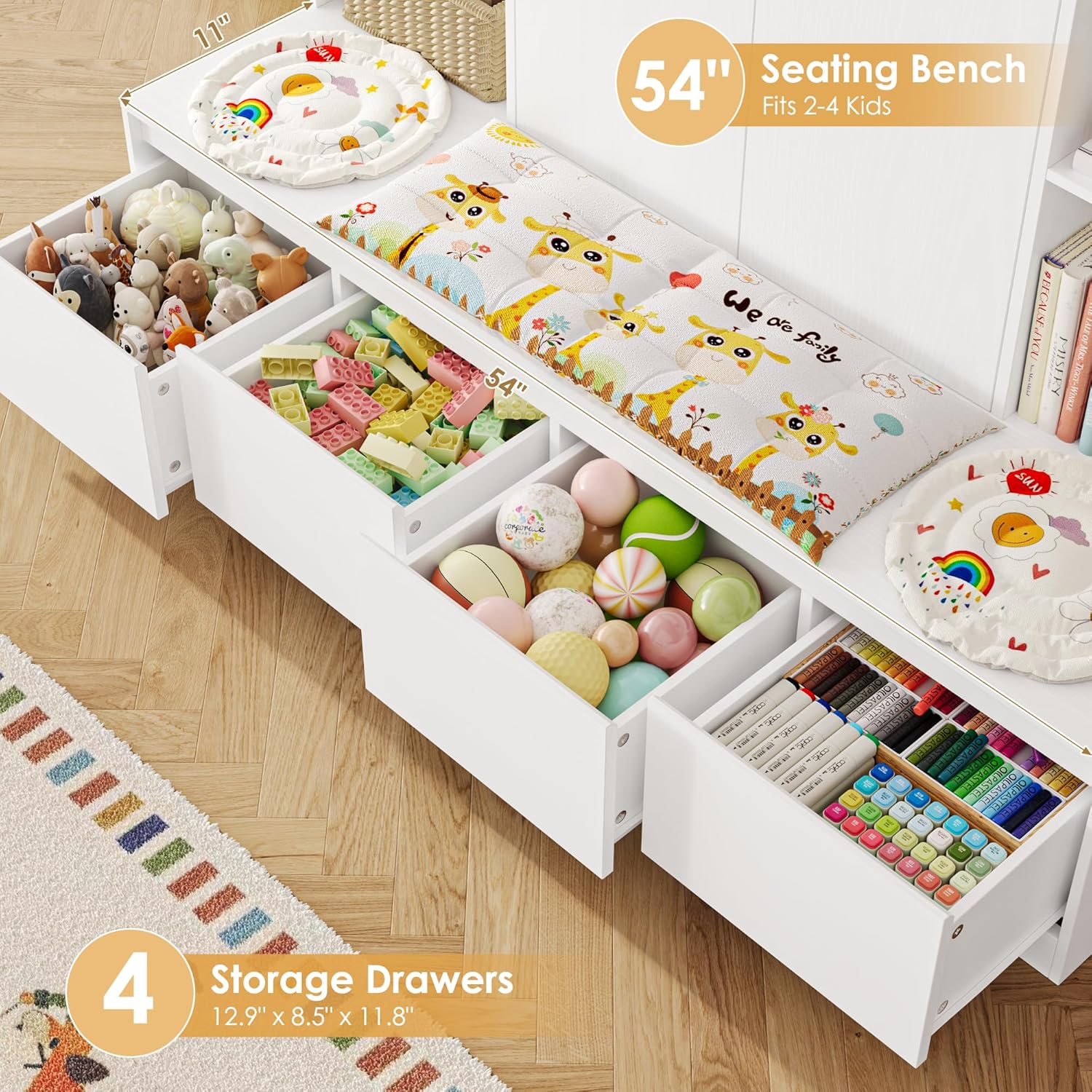 HIFIT 4-In-1 Kids Bookshelf and Toy Storage Organizer with Bench, 10-Cube Kids Bookcase with Reading Nook & 4 Sliding-Drawers & 2 Doors, Toy Chest Storage Cabinet for Playroom, Nursery,Classroom,White