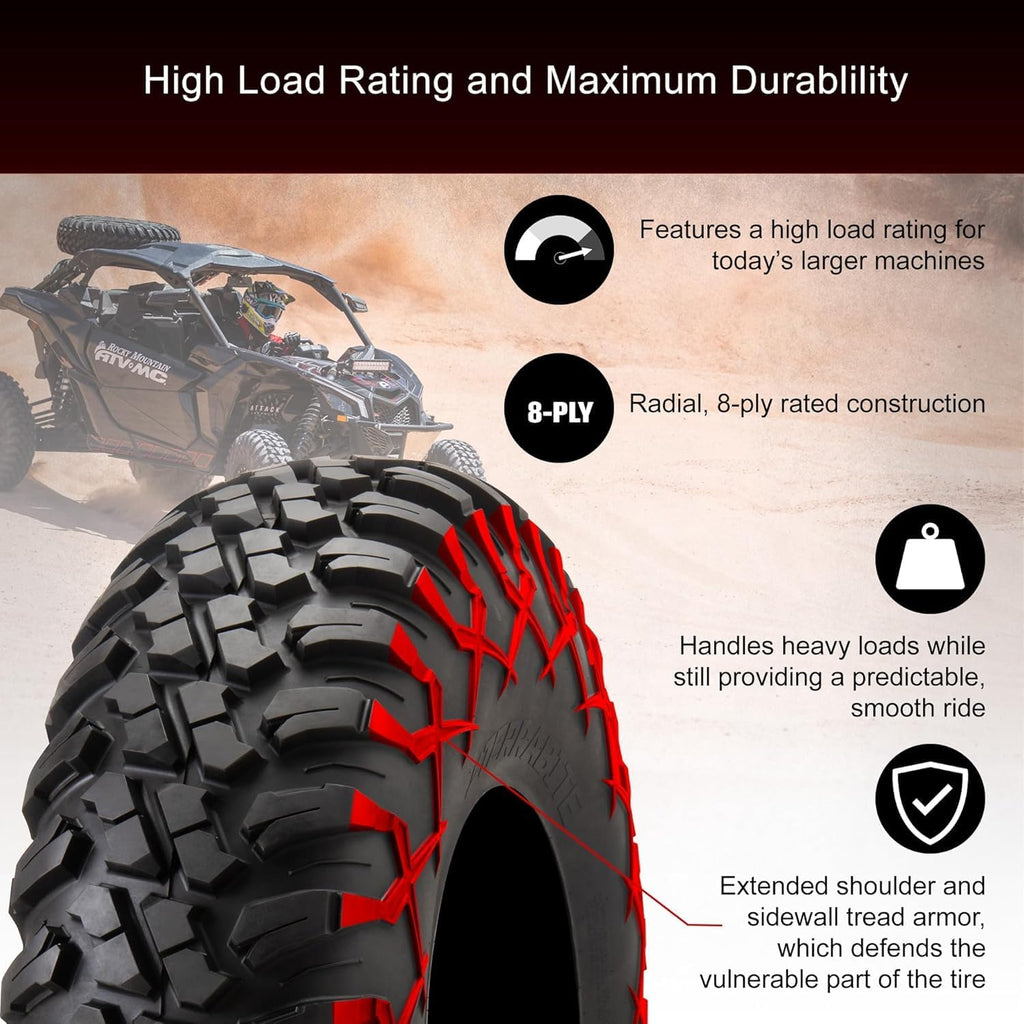 Tusk Set of 30x10-14 TERRABITE Heavy Duty 8-Ply Radial UTV Tires mounted on CASCADE Wheels - Compatible with POLARIS applications 4/156 bolt pattern Includes Lug Nuts (4+3 Offset, Machined/Black)