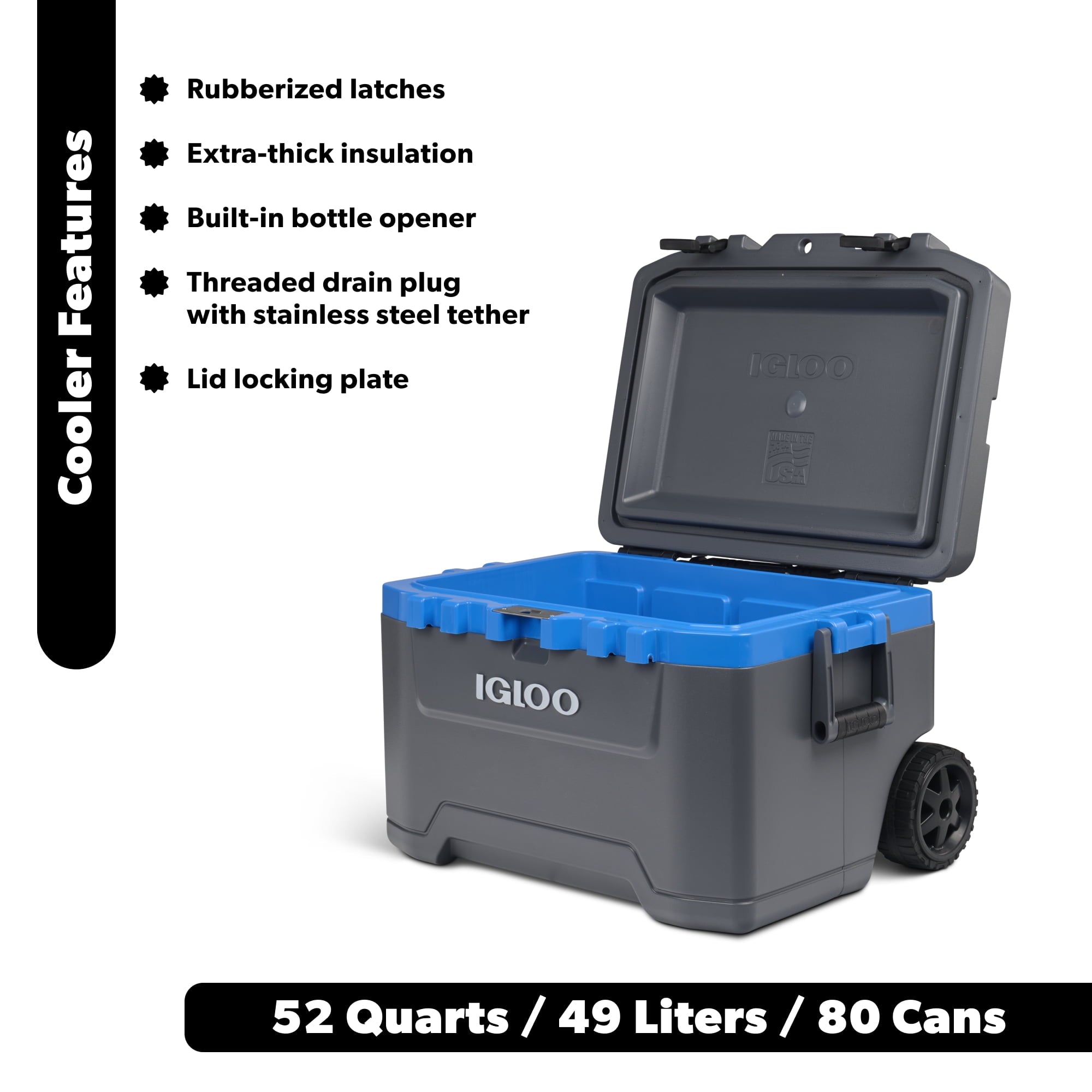 52 QT Overland Ice Chest Cooler with Wheels, Gray and Blue