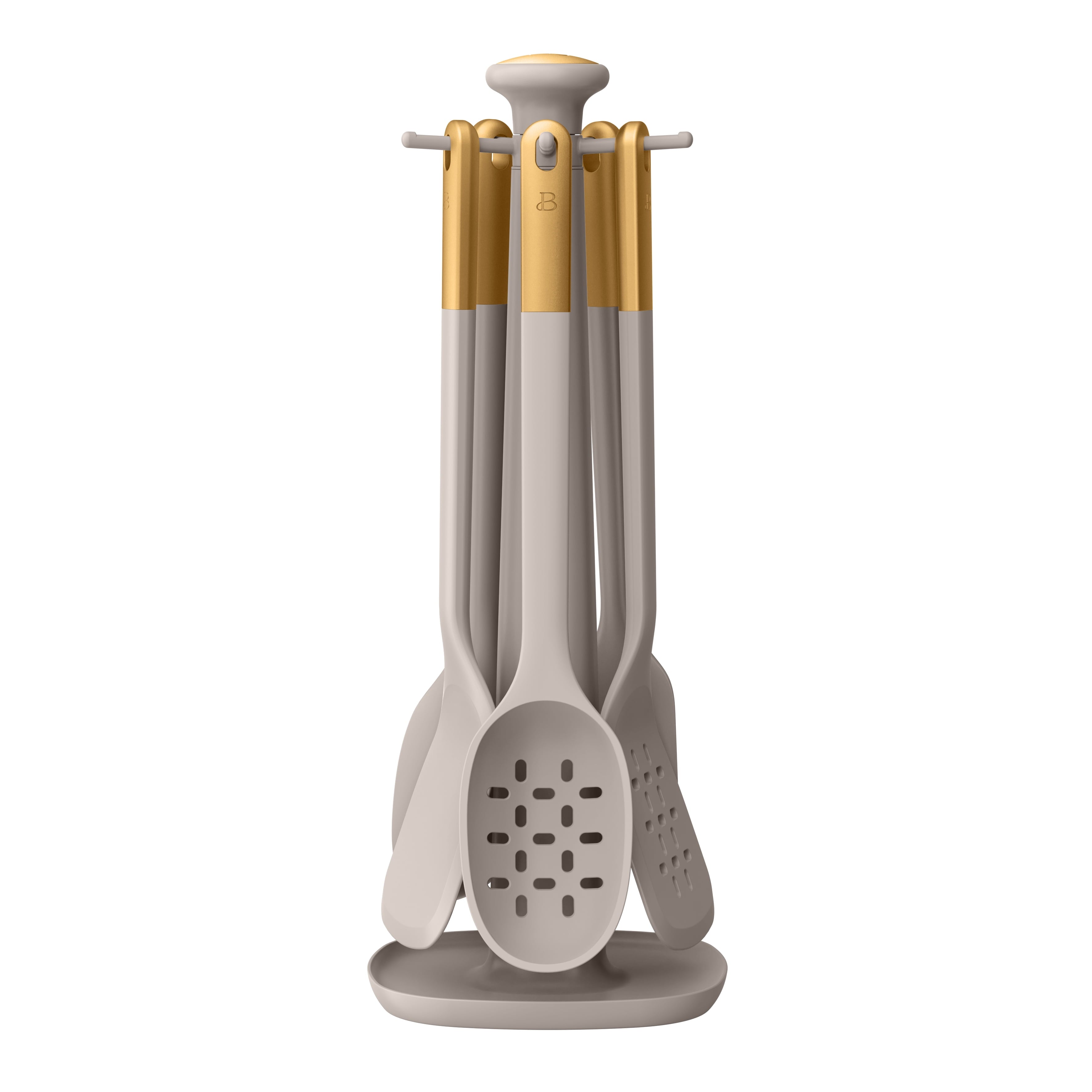 6-Piece Silicone Kitchen Utensil Tool Set with Rotating Rack by Drew Barrymore, Porcini Taupe