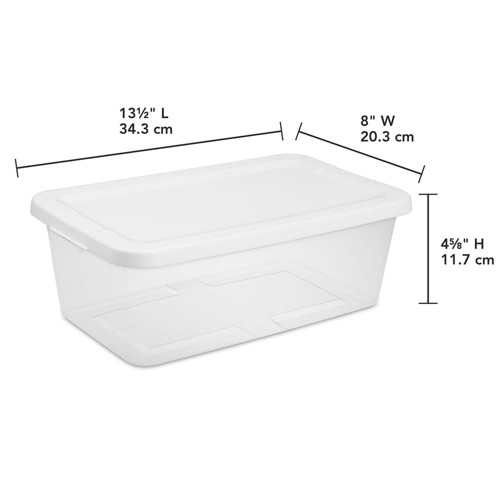 6 Quart Small Storage Bin, Clear Plastic Storage Container with Snap-On Lid, White