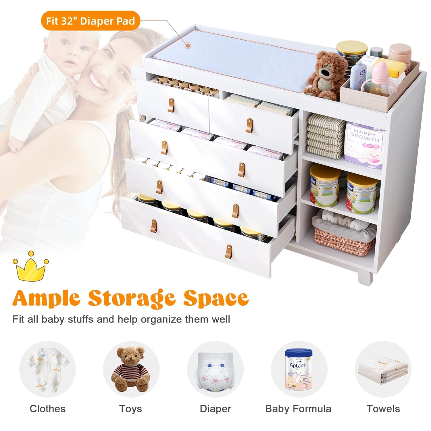 Baby Dresser with Changing Table Top, Baby Changing Table Dresser with 5 Drawers and Adjustable Shelves, Multi-Functional Diaper Changing Station, Nursery Organizer for Kids Bedroom, White