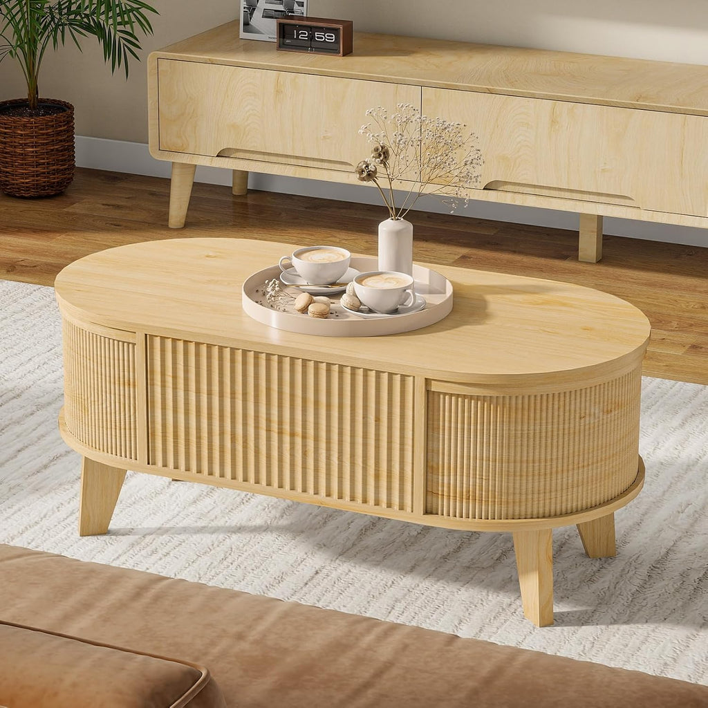 LYNCOHOME Fluted Lift Top Coffee Table with Storage,Modern Oval Coffee Table for Living Room Or Home OfficeNatural