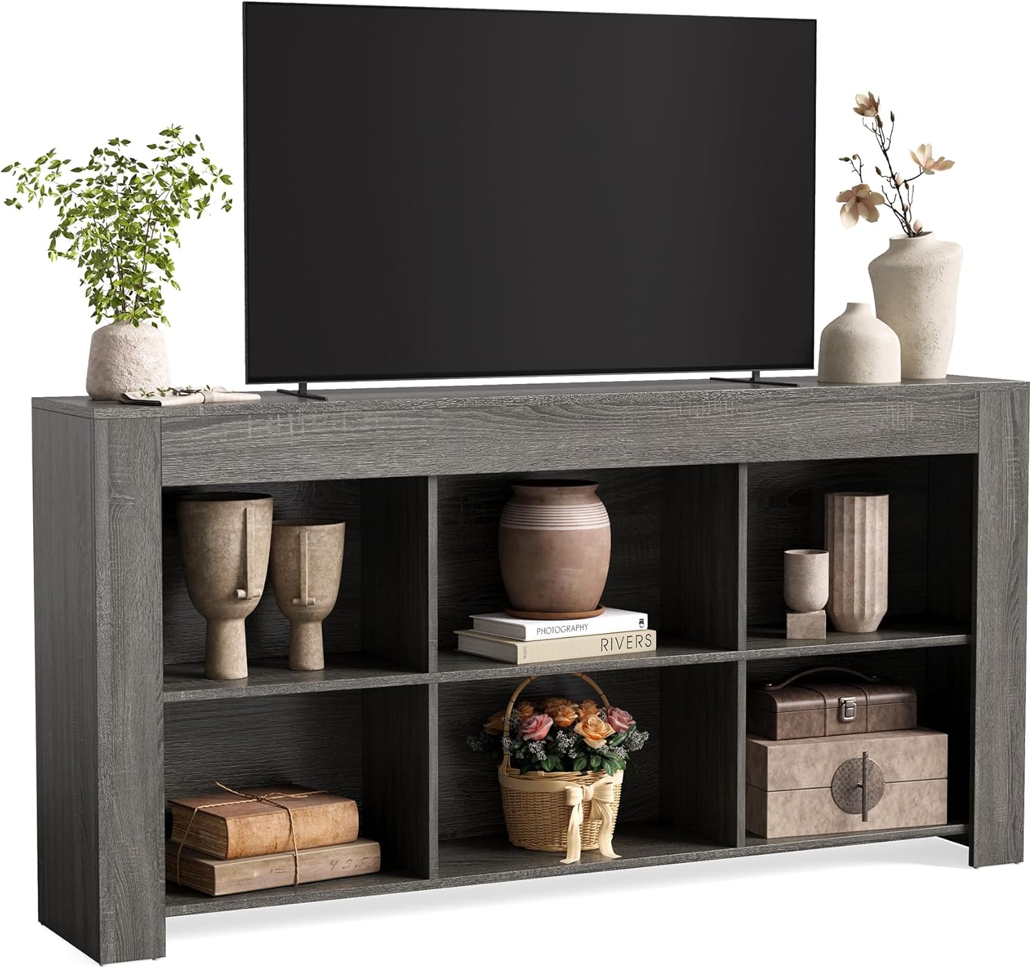 LITTLE TREE TV Stand with Storage, 63-Inch Entertainment Center with Shelves, Modern Media Console for Television up to 65" for Living Room, Bedroom, Grey + Black