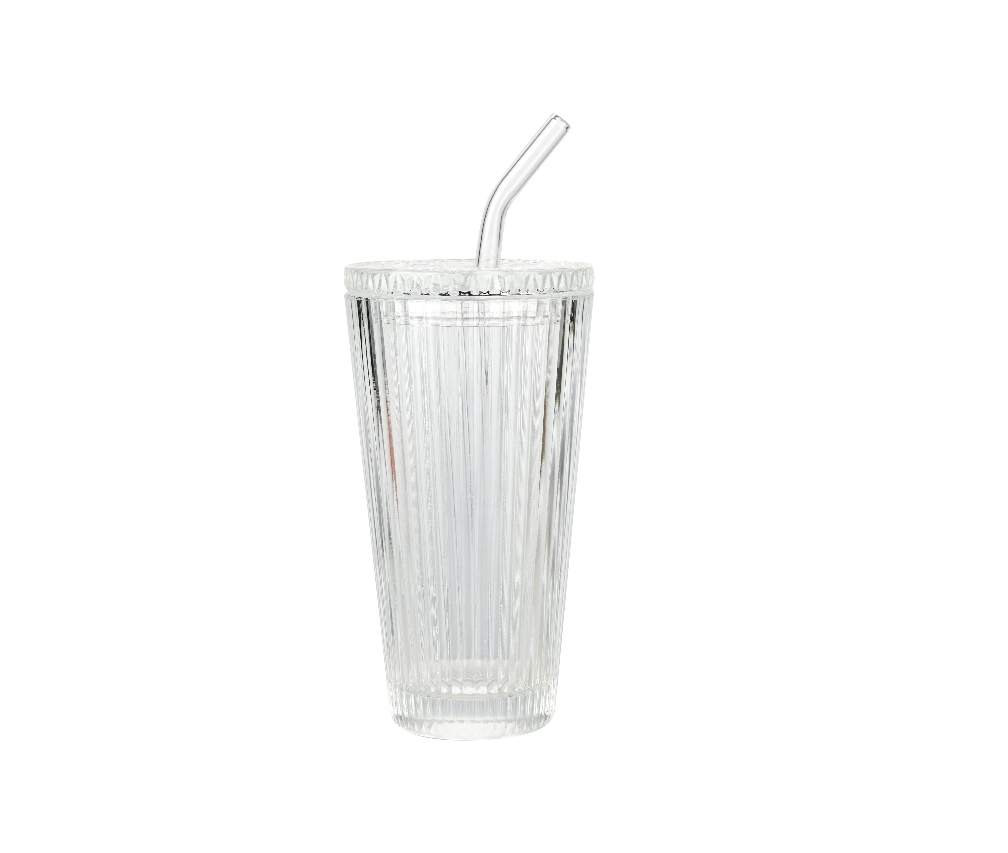 Better Homes & Gardens Glass 21oz Tumbler Ribbed with Glass Lid and Straw
