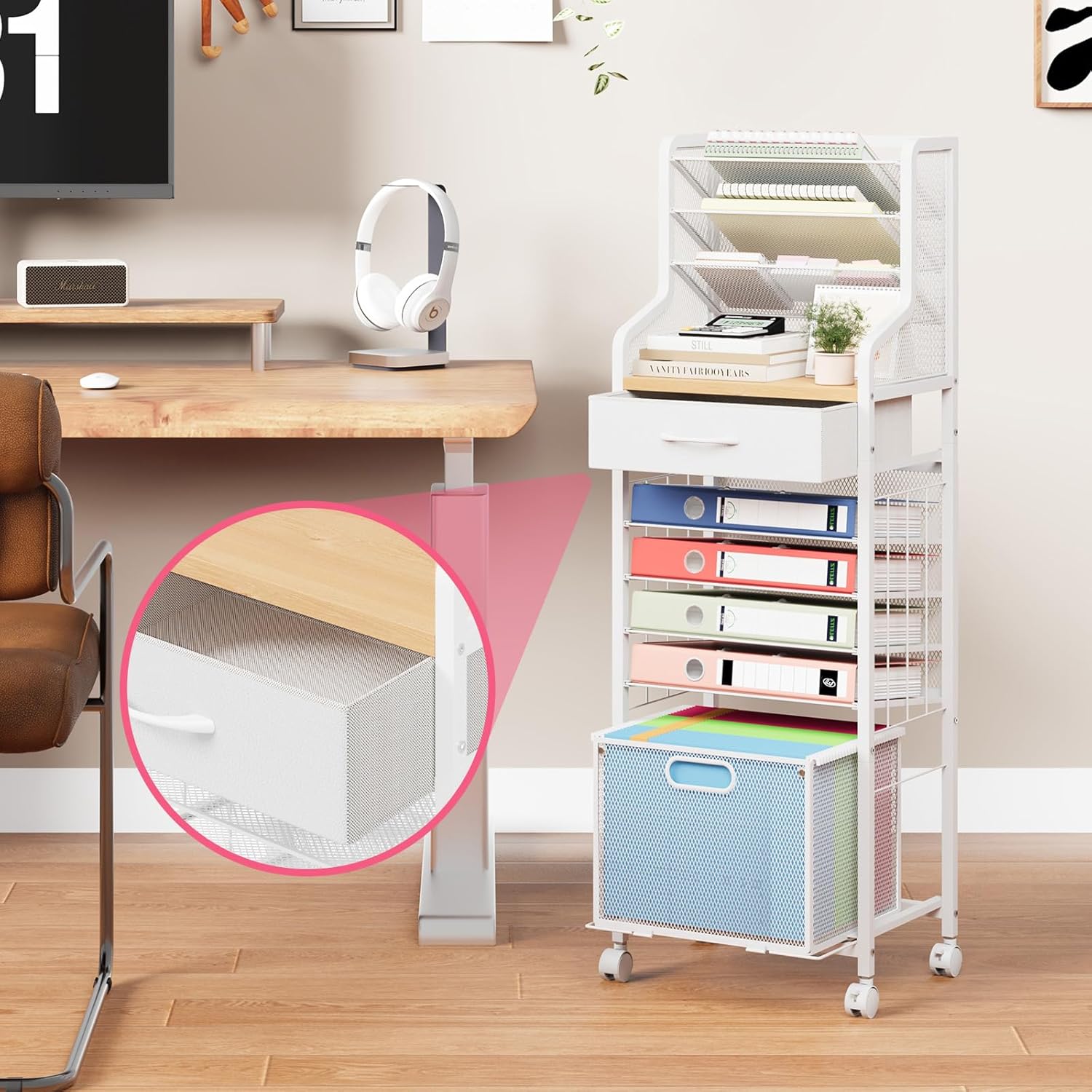 SWTYMIKI 10-Tier Rolling File Cart - Mesh Paper Organizer with Drawer and Hanging File Folders on Lockable Wheels, Rolling File Cabinet for Office Organization, Storage in Home, Studio, School, White