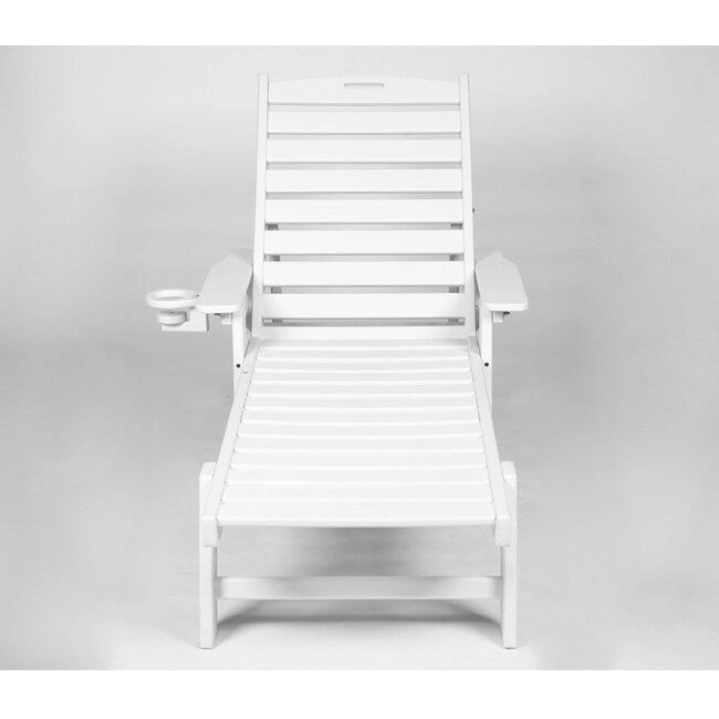 3-Piece Patio Set 2 Oversized Chaise Lounges (5-Position, Wheels, Cup Holder) + Side Table, All-Weather Wood Texture.