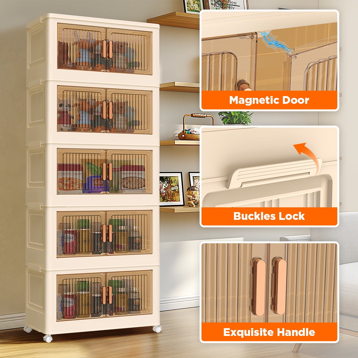5 Tiers Storage Bins with Wheels, Magnetic Dual Open Collapsible Storage Container with Lids, 125QT Folding Storage Box Bins for Closet Organizers, Home and Office, Beige