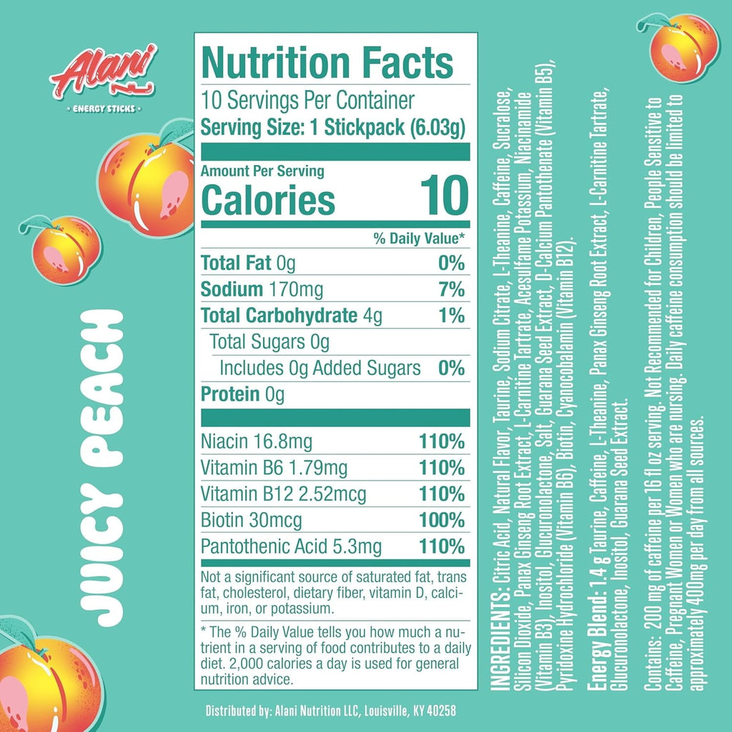 Energy Sticks, Juicy Peach, 10 Count, 200mg Caffeine, Zero Sugar