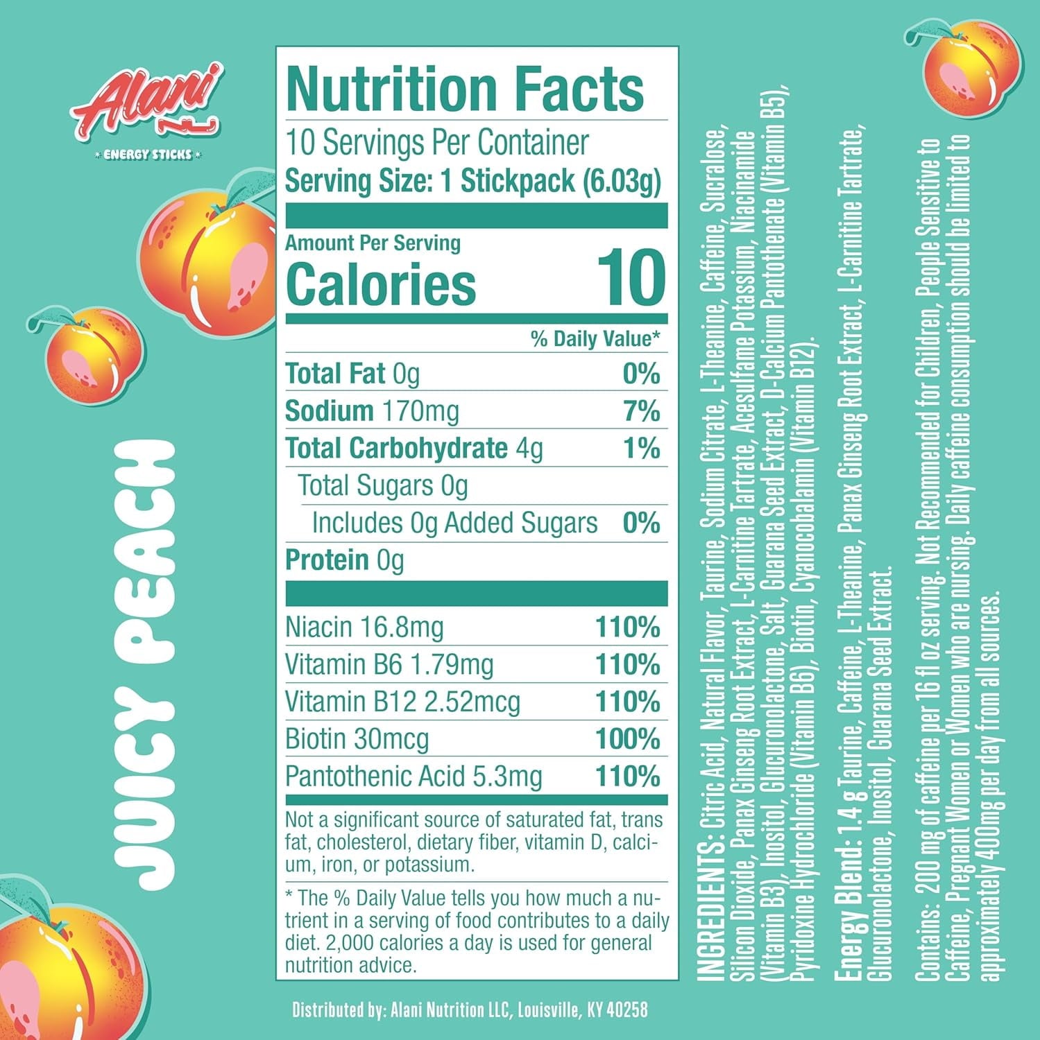 Energy Sticks, Juicy Peach, 10 Count, 200mg Caffeine, Zero Sugar